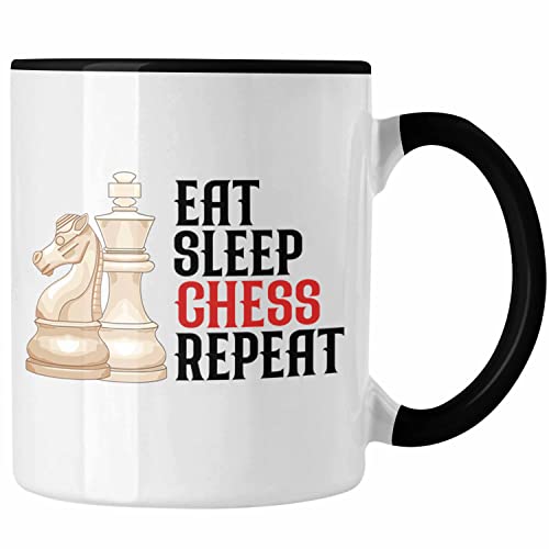 Trendation - Schach Tasse Geschenk für Schach-Spieler Profis Lustiger Spruch Grafik Eat Sleep Chess (Schwarz)