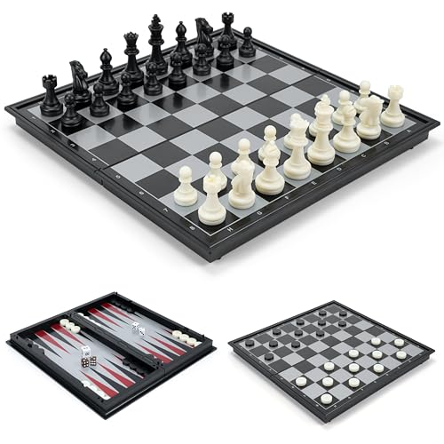 Gibot Schachspiel Magnetisch, 3-in-1 Schachspiel Hochwertig, Einklappbar Schachbrett, Reiseschach, Schach für Kinder und Erwachsene, Schwarz und Weiß 32 × 32 cm