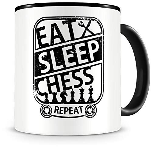 Samunshi® Schach Tasse mit Spruch Eat Sleep Chess Repeat Geschenk für Schachspieler Kaffeetasse groß Lustige Tassen zum Geburtstag schwarz 300ml